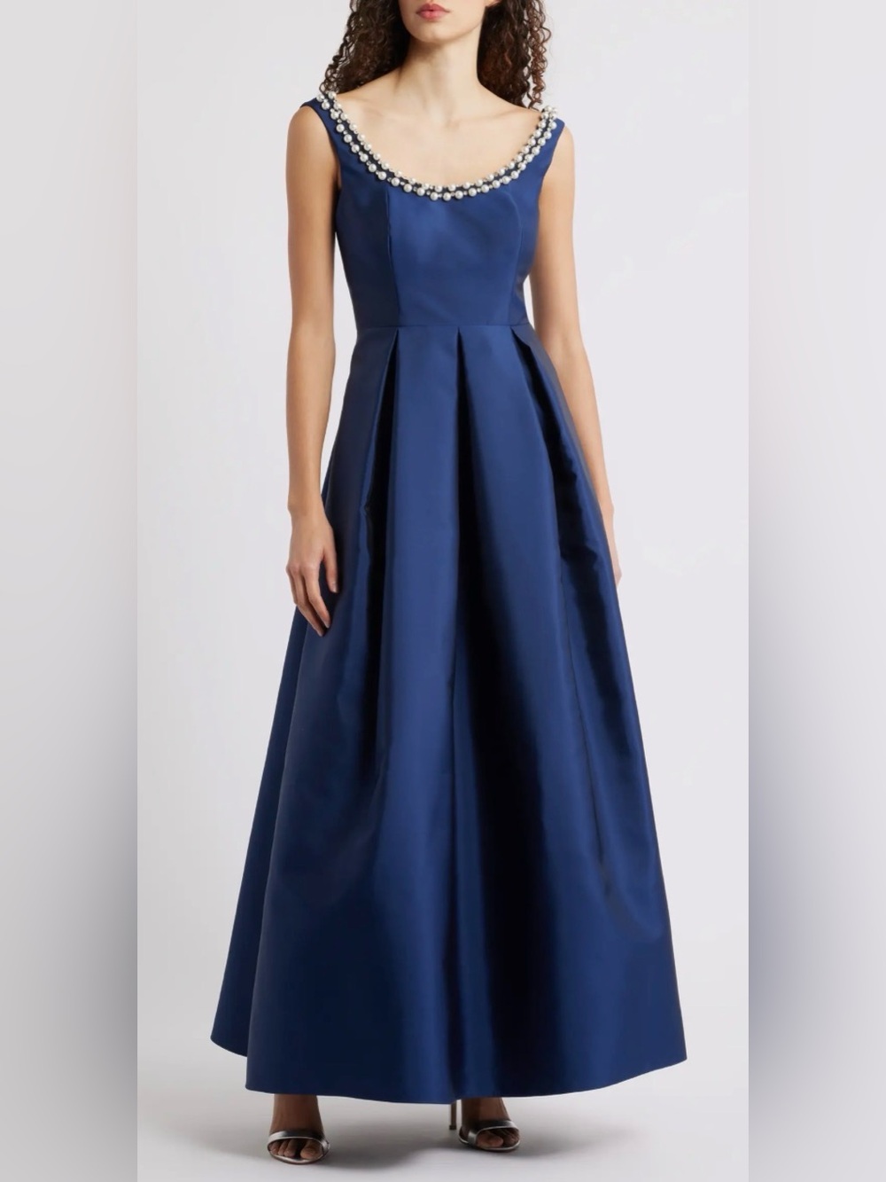 Eliza J Navy Blue Pearl-Trim A-Line Maxi Dress
